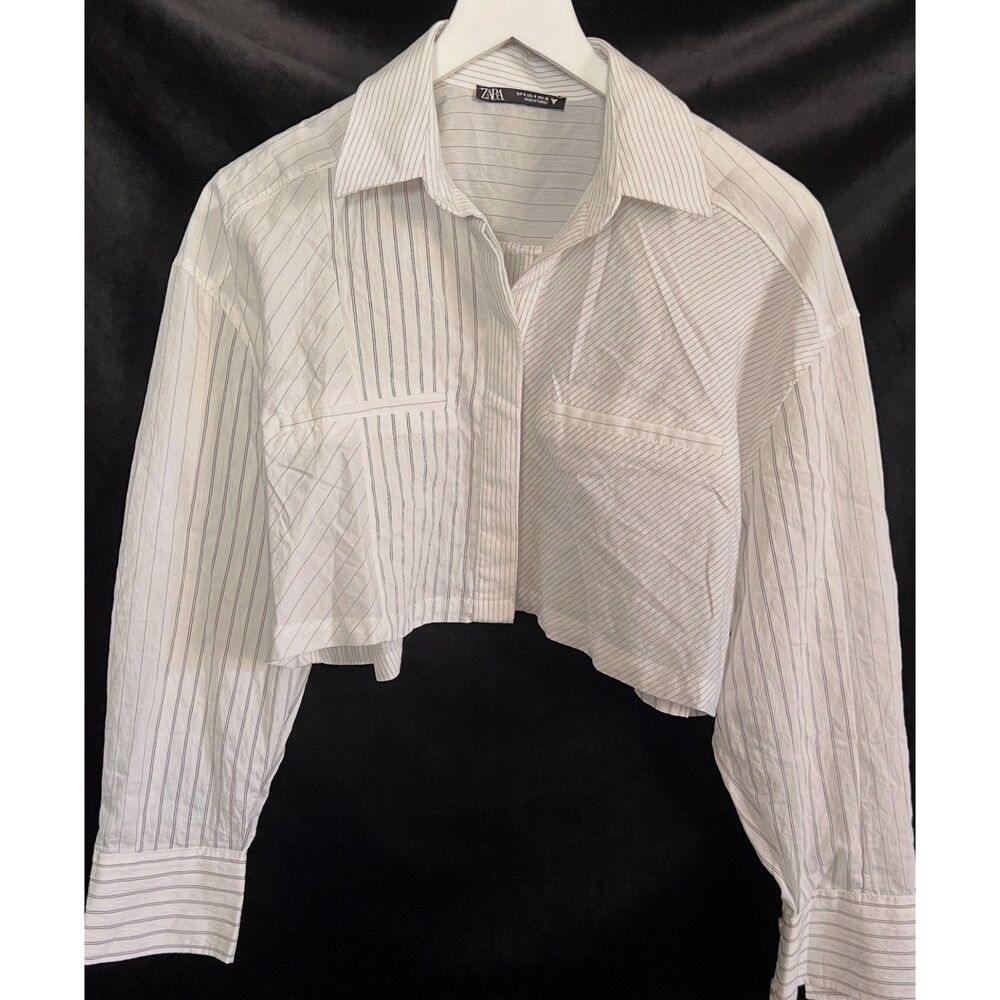 Zara Cropped Mixed Pinstripe Long Sleeve Shirt Size Small